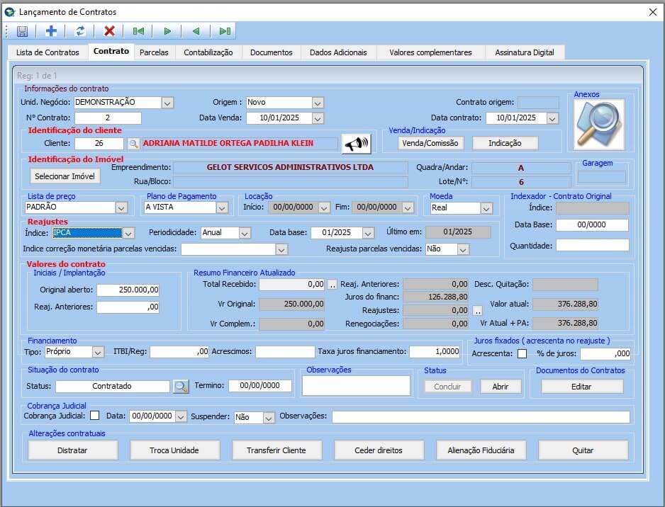 Aba do lançamento de contrato